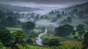 Serene misty valley landscape with flowing river, lush greenery, and rolling hills in the background photo