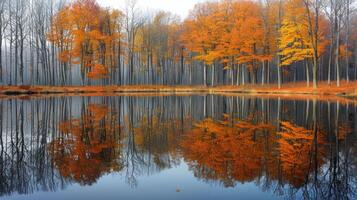 Vibrant autumn landscape with colorful trees reflecting in a serene lake surrounded by fog photo