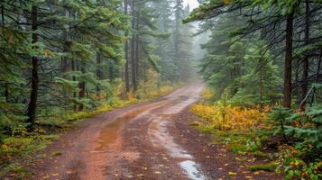 Serene winding forest path surrounded by lush greenery and autumn foliage in a misty atmosphere photo