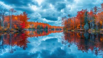 Vibrant autumn landscape reflecting colorful trees in tranquil lake under dramatic clouds photo