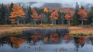 Vibrant autumn landscape with colorful trees reflecting in a tranquil pond, surrounded by misty hills photo