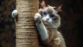 A playful cat with striking blue eyes clings to a scratching post in a cozy indoor setting photo