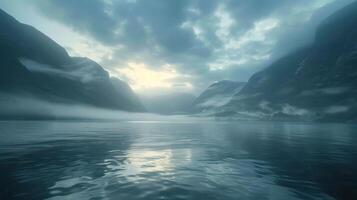 Serene fjord landscape at dawn with mist rising over calm waters and mountains in the background photo