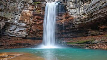 Serene waterfall cascading into a turquoise pool surrounded by rocky cliffs and autumn foliage photo