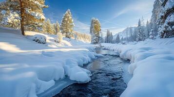 Serene winter landscape with a flowing stream surrounded by snow-covered trees and mountains photo
