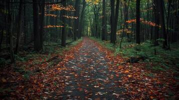 Serene autumn pathway surrounded by vibrant foliage in a tranquil forest setting photo