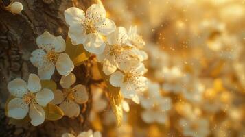 Blossoming white flowers on a tree trunk, glowing softly in warm sunlight with a dreamy background photo