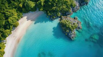 Aerial view of a serene tropical beach with clear turquoise waters and lush greenery photo