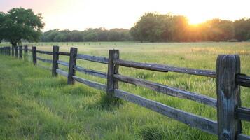 Serene sunset over a wooden fence in a lush green field with trees in the background photo