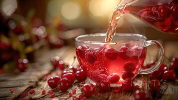 Refreshing cherry drink being poured into a glass cup surrounded by fresh cherries on a wooden table photo
