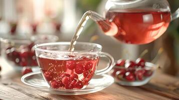 Refreshing cherry tea being poured into a glass cup, surrounded by fresh cherries on a wooden table photo