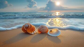 Beautiful seashells resting on a sandy beach at sunset, with gentle waves and clouds in the background photo