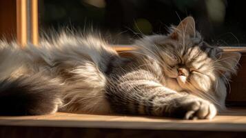 A fluffy cat resting peacefully in sunlight by a window, creating a serene indoor atmosphere photo