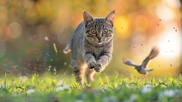 Playful tabby cat chasing a bird in a sunlit meadow filled with flowers and soft bokeh photo