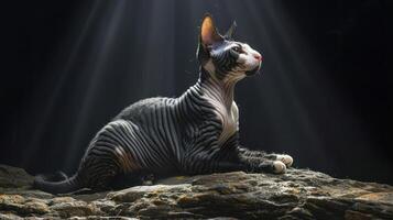 Striking sphynx cat with distinctive stripes poses majestically on a rock under soft light beams photo