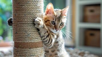Playful cat climbing a scratching post in a cozy indoor setting with soft natural light photo