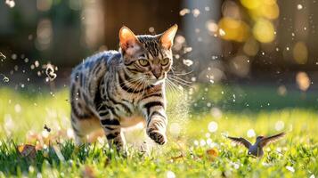 Playful cat running through a sunlit garden, chasing a small bird with sparkling droplets around photo
