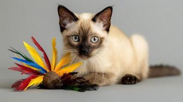 Siamese cat playfully interacting with colorful feather toy on a neutral background photo