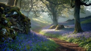 Serene forest path lined with blooming bluebells, sunlight streaming through trees, tranquil atmosphere photo