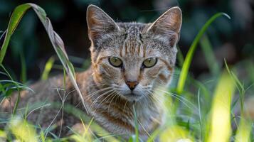 A curious wildcat resting in lush green grass, surrounded by vibrant foliage in a serene environment photo