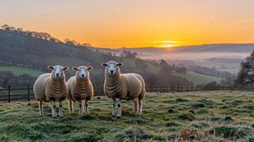 Three sheep standing in a lush green field at sunrise, with misty hills in the background photo