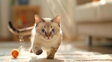 Playful cat running towards a colorful ball in a sunlit living room with soft furnishings photo