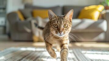 A playful tabby cat running across a cozy living room with a sofa and decorative pillows photo