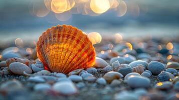 Close-up of a vibrant orange scallop shell resting on a sandy beach with soft bokeh in the background photo