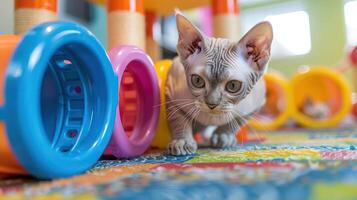 Playful kitten exploring colorful toys in a vibrant indoor setting with soft textures photo