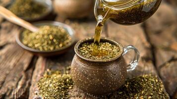 Pouring herbal tea into a rustic cup surrounded by loose herbs on a wooden table in a cozy setting photo
