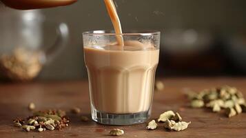 Pouring a creamy beverage into a glass surrounded by spices on a wooden surface photo