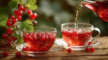Refreshing herbal tea being poured into glass cups, surrounded by vibrant red berries and greenery photo