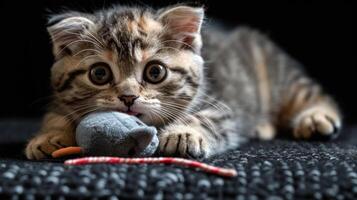 Adorable kitten playing with a toy mouse on a textured black surface, showcasing playful behavior photo