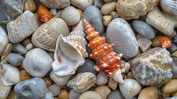 Close-up of various colorful seashells resting on smooth pebbles at a serene beach photo