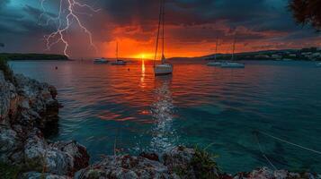 Dramatic sunset over calm waters with lightning, yachts anchored, and stormy clouds reflecting colors photo