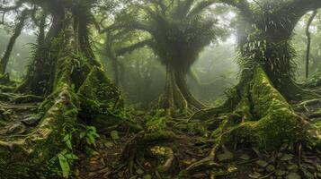 Lush, misty forest scene with ancient trees and vibrant greenery, showcasing nature's tranquility photo