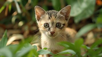 Curious kitten exploring lush greenery, surrounded by vibrant plants and natural light photo