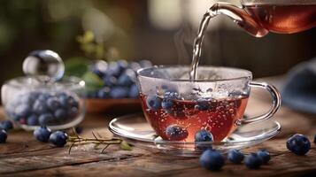 A steaming cup of tea with fresh blueberries being poured in a cozy, rustic kitchen setting photo