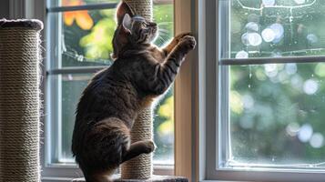 Cat stretching on a scratching post near a window, observing a vibrant garden outside photo