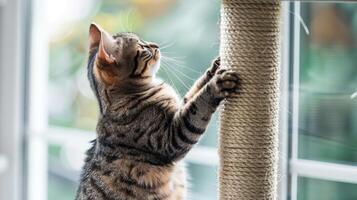 Playful tabby cat stretching and scratching a sisal-covered post near a sunlit window photo