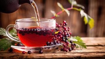 Pouring herbal tea into a glass cup with berries and leaves on a rustic wooden table photo