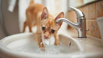 Playful cat drinking water from a bathroom sink with tiles in the background photo