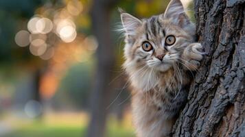 Playful kitten climbing a tree in a serene park during golden hour with blurred background photo