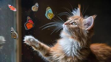 A curious cat reaching out to colorful butterflies through a glass window in a serene setting photo