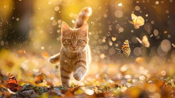Playful ginger cat running through a sunlit meadow filled with colorful butterflies and soft bokeh photo
