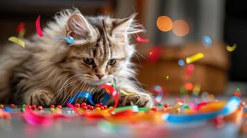 Playful cat interacting with colorful confetti in a cozy indoor setting during a celebration photo