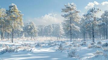 Serene winter landscape with snow-covered trees and soft sunlight illuminating the scene photo