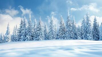 Snow-covered landscape with tall evergreen trees under a bright blue sky and fluffy clouds photo