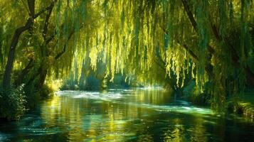 Serene river scene with lush willow trees reflecting in calm waters, surrounded by vibrant greenery photo