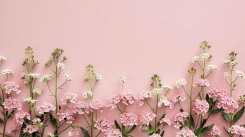 Delicate pink and white flowers arranged along the bottom of a soft pink background, ideal for design photo